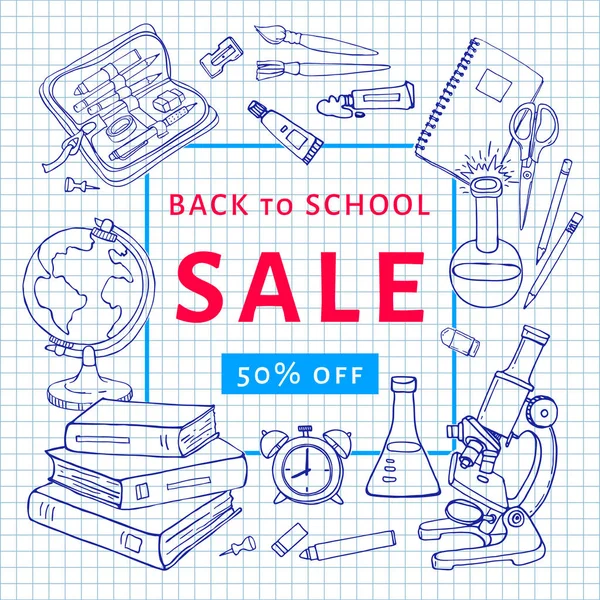 Back to school sale flyer template on square lined exercise book. — Stock Vector