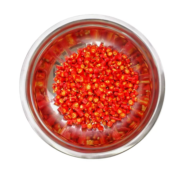 Červené Zralé Chilli Nerezové Misce — Stock fotografie