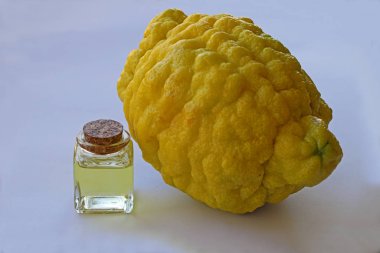 Şişede Bergamot yağı ve beyaz arka planda bargamut.