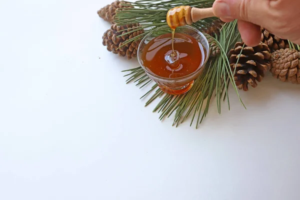 Pine Branch Pine Honey Glass Bowl White Background — Stock Photo, Image