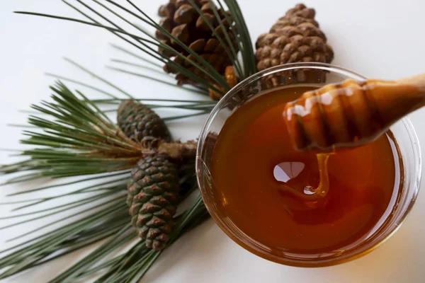 Pine Branch Pine Honey Glass Bowl White Background — Stock Photo, Image