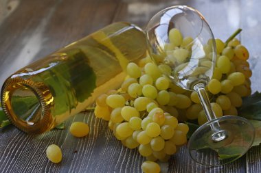 Yaşlı ahşap rustik bir masada bir bardak şarap ve taze beyaz üzüm demet Üstten Görünüm.