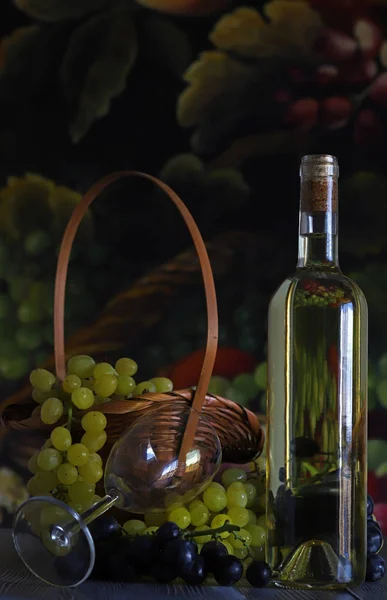 Grapes White Wine Wine Glass Basket — Stock Photo, Image