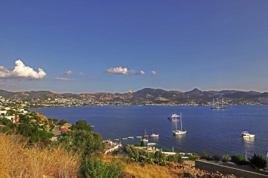 Turkey / Bodrum / 13 July 2019 - View of Yalikavak bay from above and boats.