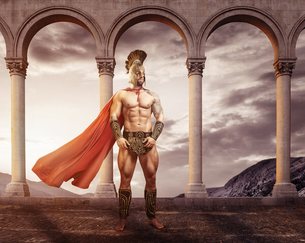 Впереди стоит средневековый воин.
 