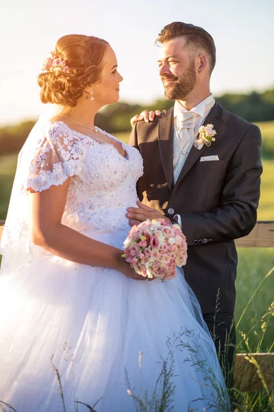 Casamento feliz casal em campo . — Fotografia de Stock