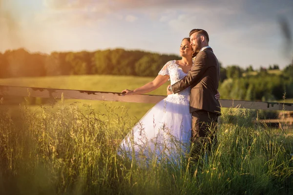 Bröllopsparet kramas på fältet. — Stockfoto