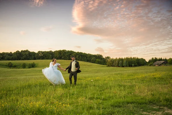 Casamento casal no campo verde . — Fotografia de Stock