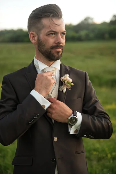 Schöner Bräutigam im Hochzeitsanzug — Stockfoto