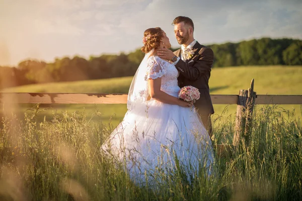 Hochzeitspaar auf der grünen Wiese. — Stockfoto