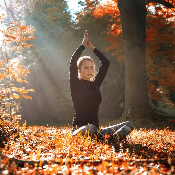 Mulher na floresta fazendo ioga — Fotografia de Stock