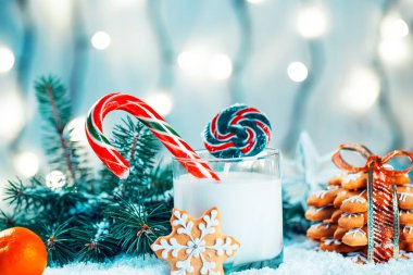 Noel kurabiye ve süt ile Dekorasyon, kar, Noel ağacı dalları üzerinde bokeh ışıklar arka plan bulanık. Boş alan