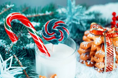 Noel kurabiye ve süt ile Dekorasyon, kar, Noel ağacı yeni yıl arka plan üzerinde dalları. Boş alan