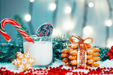 Noel kurabiye ve süt ile Dekorasyon, kar, Noel ağacı dalları üzerinde bokeh ışıklar arka plan bulanık. Boş alan