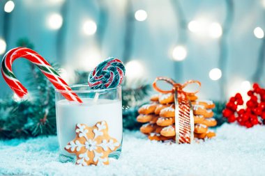 Noel kurabiye ve süt ile Dekorasyon, kar, Noel ağacı dalları üzerinde bokeh ışıklar arka plan bulanık. Boş alan