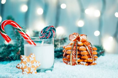 Noel kurabiye ve süt ile Dekorasyon, kar, Noel ağacı dalları üzerinde bokeh ışıklar arka plan bulanık. Boş alan