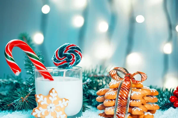 Noel kurabiye ve süt ile Dekorasyon, kar, Noel ağacı dalları üzerinde bokeh ışıklar arka plan bulanık. Boş alan