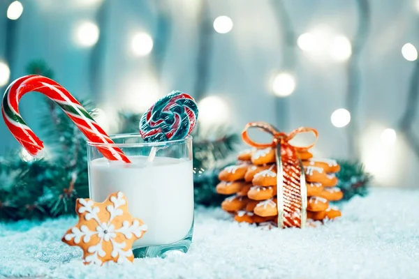 Noel kurabiye ve süt ile Dekorasyon, kar, Noel ağacı dalları üzerinde bokeh ışıklar arka plan bulanık. Boş alan