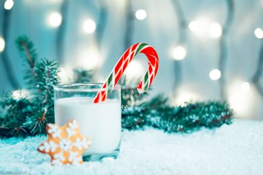 Noel kurabiye ve süt ile Dekorasyon, kar, Noel ağacı dalları üzerinde bokeh ışıklar arka plan bulanık. Boş alan