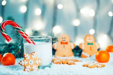 Noel kurabiye ve süt ile Dekorasyon, kar, Noel ağacı dalları üzerinde bokeh ışıklar arka plan bulanık. Boş alan