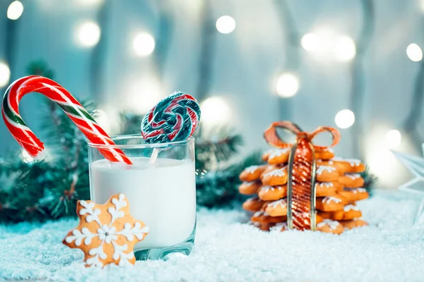 Noel kurabiye ve süt ile Dekorasyon, kar, Noel ağacı dalları üzerinde bokeh ışıklar arka plan bulanık. Boş alan