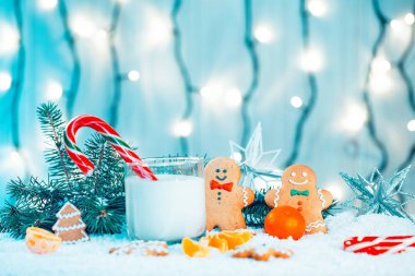 Noel kurabiye ve süt ile Dekorasyon, kar, Noel ağacı dalları üzerinde bokeh ışıklar arka plan bulanık. Boş alan