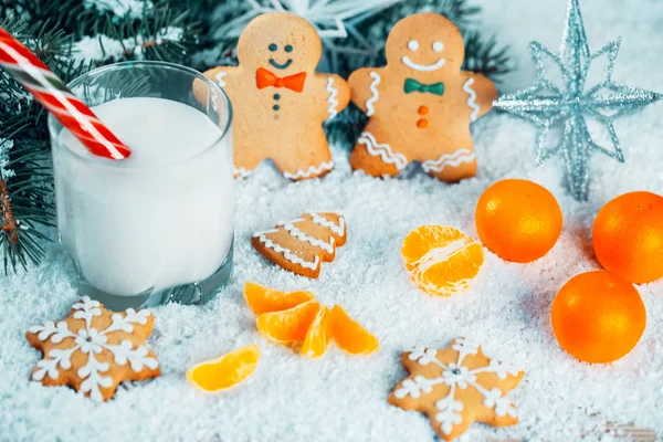 Pane di zenzero di Natale e latte con decorazioni, neve, rami d'albero di Natale su sfondo bokeh luci sfocate. Spazio libero — Foto Stock