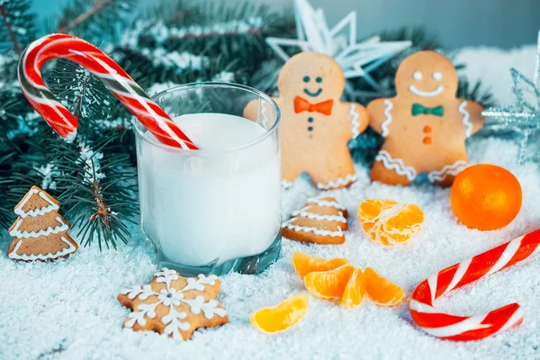 Pane di zenzero di Natale e latte con decorazioni, neve, rami d'albero di Natale su sfondo bokeh luci sfocate. Spazio libero — Foto Stock