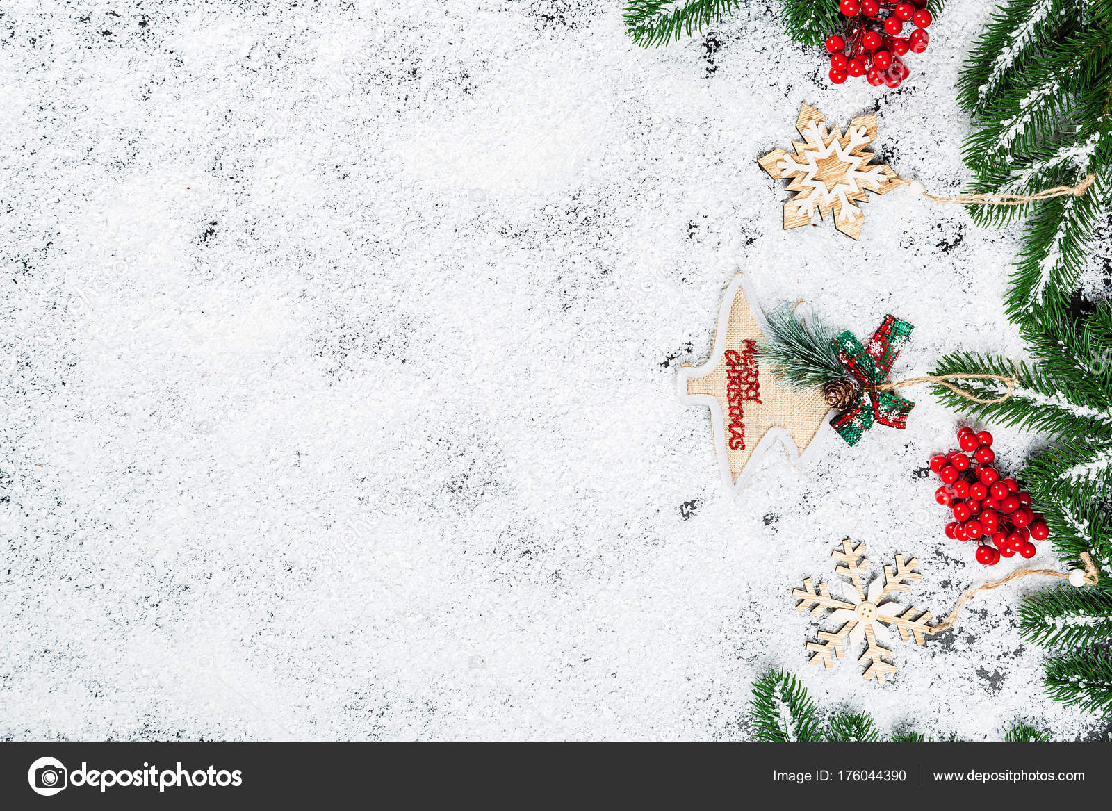 Christmas background with snowflakes, white snow, toys, candy ...