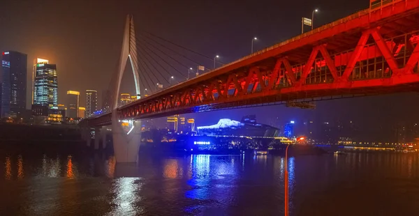 Vista Noturna Cidade Chongqing Vista Ponte Sobre Rio Iluminação Edifícios — Fotografia de Stock