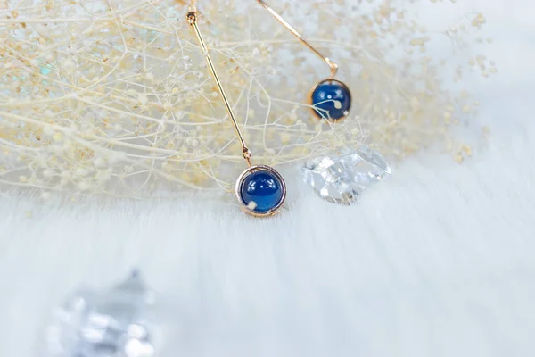 Our Own Handmade Earring Blue Beads Stones Similar Sapphire Beautiful — Stock Photo, Image