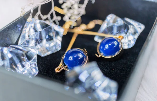 Our Own Handmade Earring Blue Beads Stones Similar Sapphire Beautiful — Stock Photo, Image