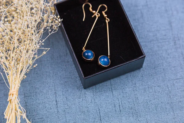 Our Own Handmade Earring Blue Beads Stones Similar Sapphire Beautiful — Stock Photo, Image