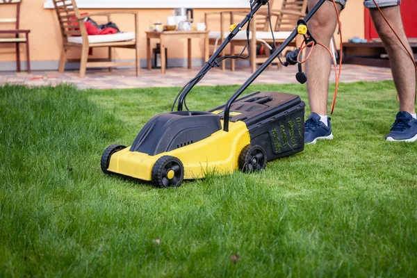 Tondeuse à gazon, herbe verte, équipement, tonte, jardinier, soins, travail — Photo