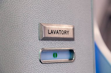 Boş yeşil tabela, uçak tuvaletinin kapısında boş sembol. Yükseltilmiş, fırçalanmış metal tuvalet tabelası, boş plastik tabela. Tuvalet, tuvalet, uçak güvertesindeki dolap.