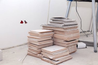 Profesyonel bir alet. Banyoda fayans kesici ve fayans yığını var. Beyaz alçılı duvarlar. Dairelerde konsept onarımı, döşeme döşemeleri, içeride onarım.