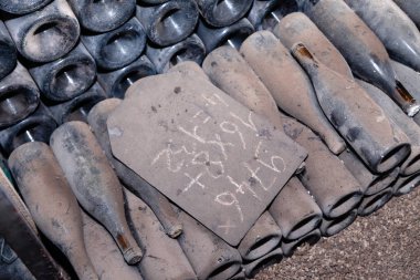 Eski siyah tozlu şarap şişeleri yeraltı mahzenlerinde yaşlanıyor. Nadir şaraplarla dolu bir şarap mahzeni, özel bir koleksiyon. Şarap şişeleri istirahat ediyor, eski mağaradaki raflarda yatıyordu.