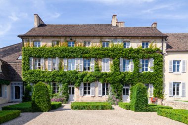 Beyaz ahşap panjurları, çiçekleri, sarmalanmış yeşil sarmaşıklı, tarihi binanın dış duvarı, Avrupa köyü