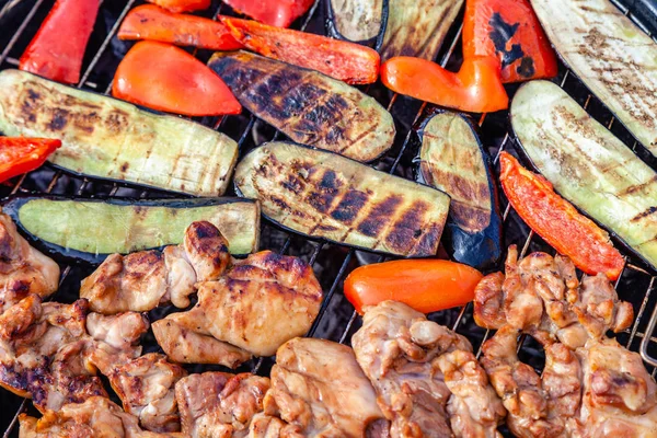 Sortimento de legumes frescos de cor saudável, carne de frango grelhada em churrasco grelhando sobre um carvão fogo quente contra a grama verde no churrasco. Conceito festa de verão, refeição ao ar livre, cozinheiro ao ar livre — Fotografia de Stock