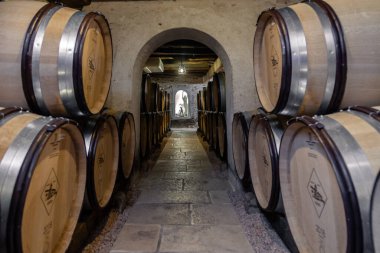 Fransa Burgundy 2019-06-20 Wooden şarap meşe fıçıları şarap mahzeninde istiflendi