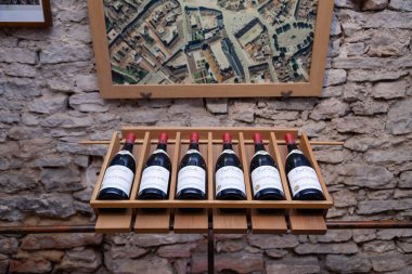 Fransa Burgundy 2019-06-19 şarap imalathanesi Joseph Drouhin. Meşhur Pinot Noir kırmızı şarabı olan ahşap raflar. Fransız şarap üretimi, mahzen, organik biyodinamik yapımcı, Grand Cru, prömiyer