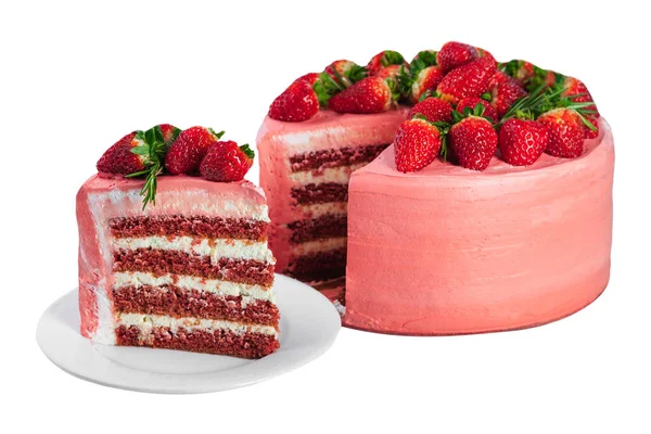 Torta di mascarpone alla fragola con bacche fresche e foglie di rosmarino — Foto Stock