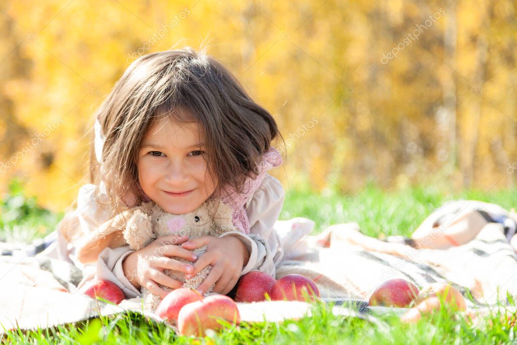 Cute little girl on autumn picnic with toy