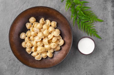 Hamurdan yapılmış et ya da sebze dolması ve kaynatılmış pelmeni adı verilen hamur köftesi tabağı.