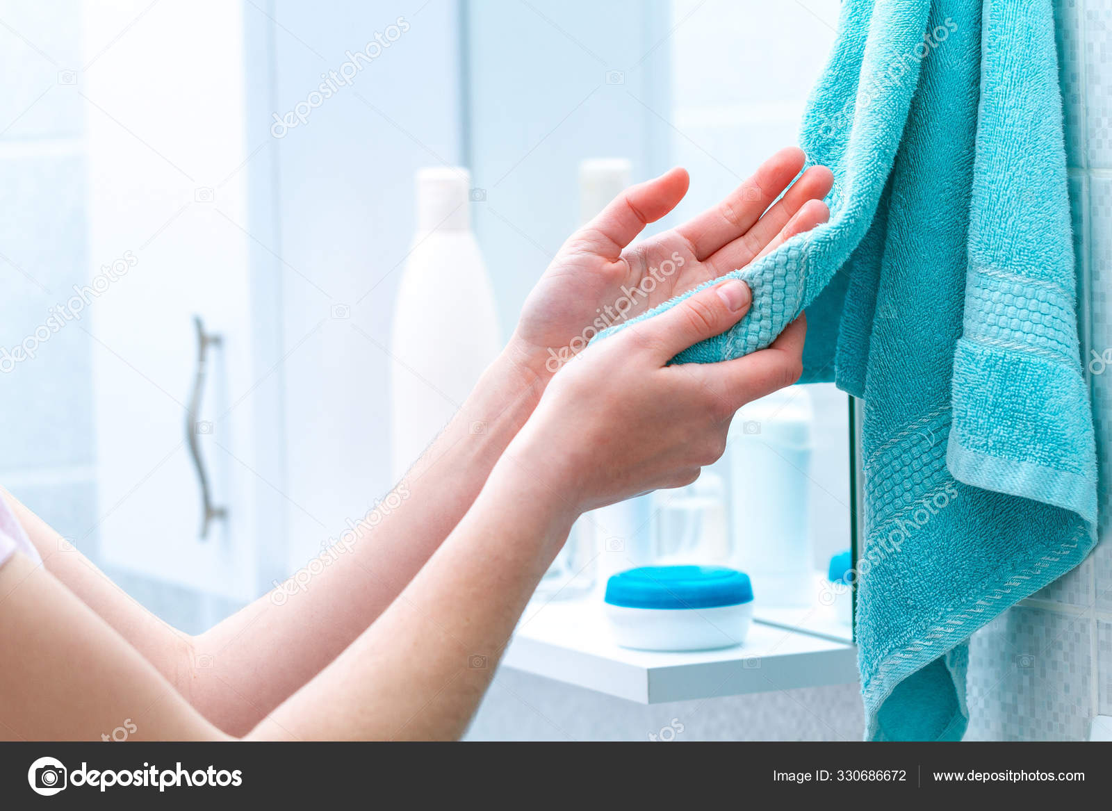 Woman Wipe Hands Dry Towel Washing Bathroom Home Hygiene Hand Stock Photo  by ©goffkein 330686672