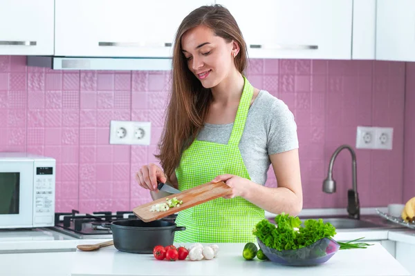 Young Cooking Woman Apron Cooking Vegetables Dishes Lunch Kitchen Home — 스톡 사진