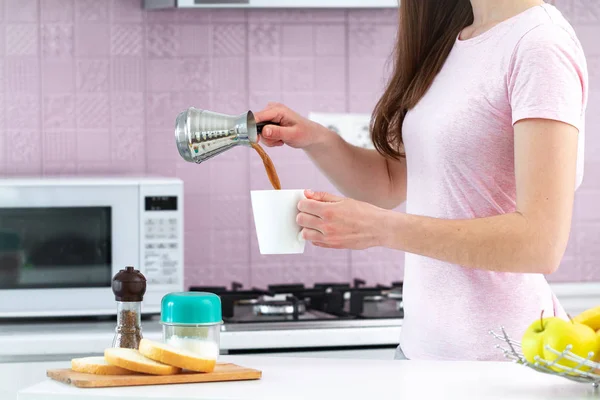 Woman Pouring Hot Tasty Turkish Coffee Cezve Breakfast Kitchen Morning — Stock Photo, Image