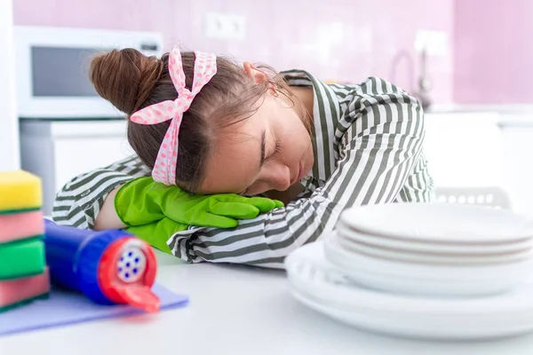 Tired Overworked Housewife Fell Asleep Resting Table Because Housekeeping Fatigue — 스톡 사진