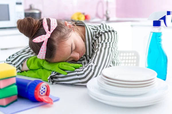 Tired Overworked Housewife Fell Asleep Resting Table Because Housekeeping Fatigue — 스톡 사진