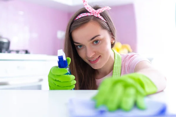 Young Housewife Protective Rubber Gloves Wiping Dust Kitchen Home Using — 스톡 사진